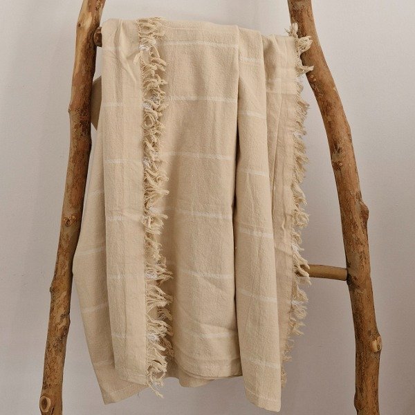 Producto - Pie de Cama con Flecos Arena Rayado