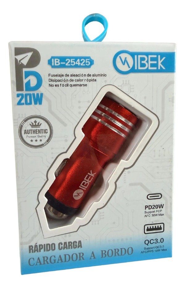 Producto - Cargador para Auto 20W con USB + Tipo c Ibek IB 25425 Rojo - 1