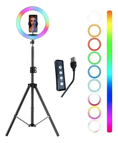 Producto - Aro de luz 20cm luz blanca y luces de colores, con trípode extensible 2 metros