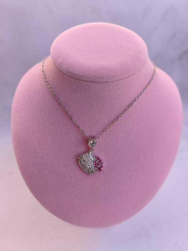 Producto - Collar Kitty corona rosa + aritos plateado - 1