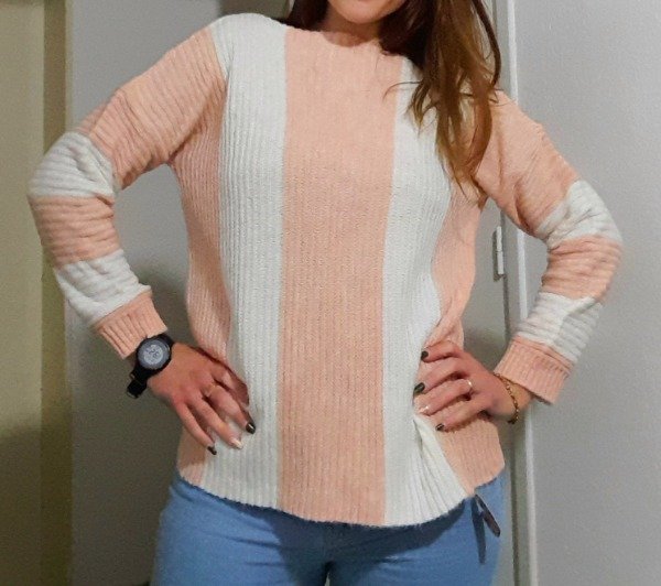 Producto - Suéter rayado blanco y rosa claro, talle único