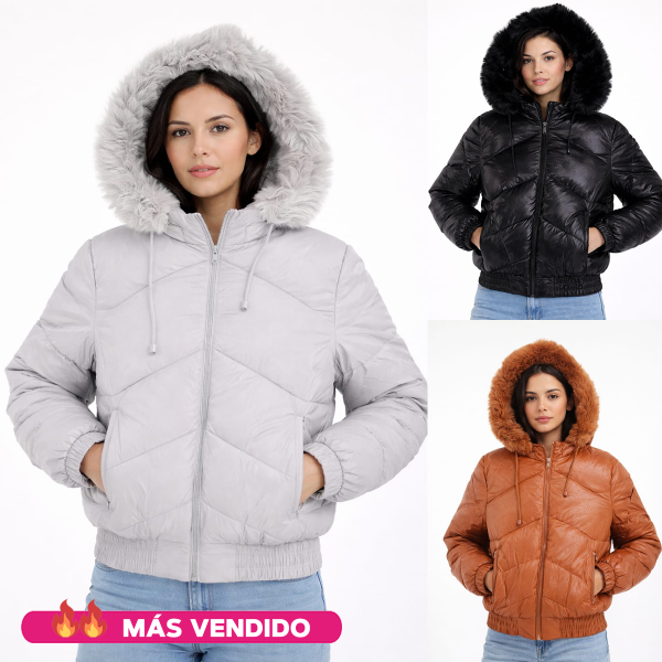 Producto - Campera De Abrigo Mujer Con Recorte en V Con Piel Y Capucha Desmontable