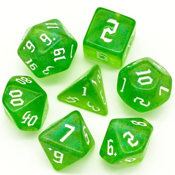 Producto - SET DE 7 DADOS TRANSPARENTES VERDE