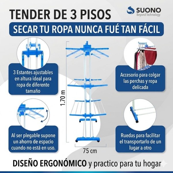 Producto - TENDER DE PIE PARA ROPA PLEGABLE 3 PISOS SUONO