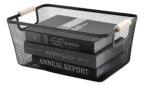 Producto - CANASTO METAL MANIJA MADERA ANCHO - NEGRO