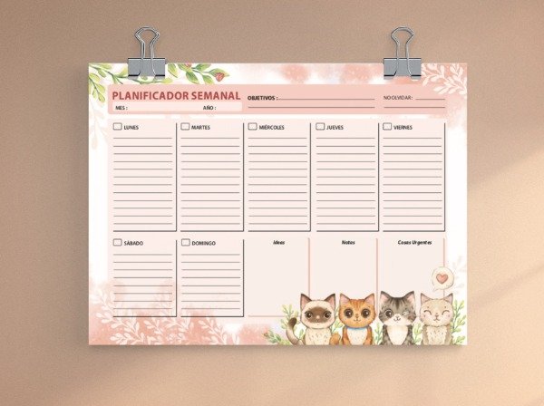 Producto - PLANNER SEMANA A LA VISTA - GATOS - FORMATO A4