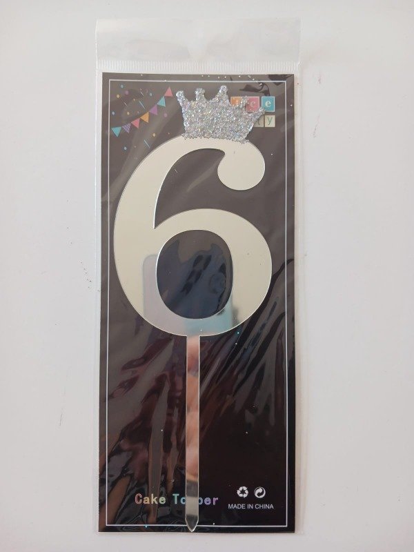 Producto - Cake Topper Número c/Corona 19cm Plata N6