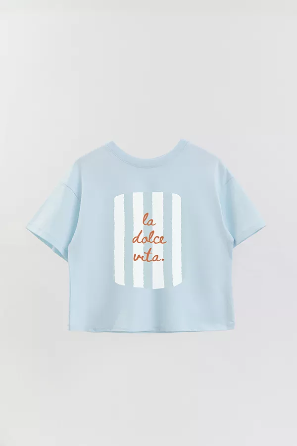 Producto - REMERA CROP ESTAMPADA ITALY LA DOLCE VITA CELESTE