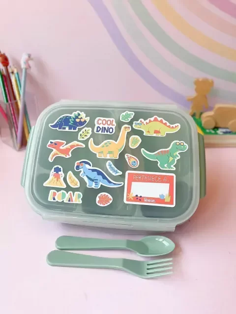 Producto - Lunchera con divisiones Dinos + cubiertos + stickers