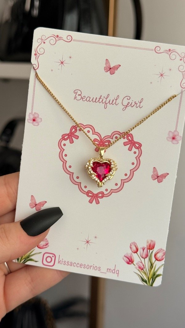 Producto - Collar con corazones rosa - Acero dorado - 1