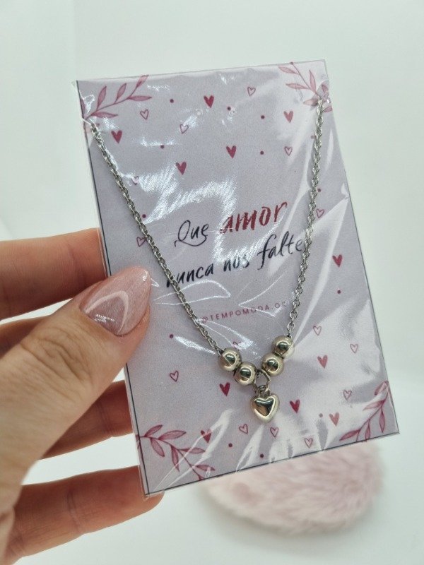 Producto - Tarjeta amor con cadena acero quirurgico pelotitas dije corazon
