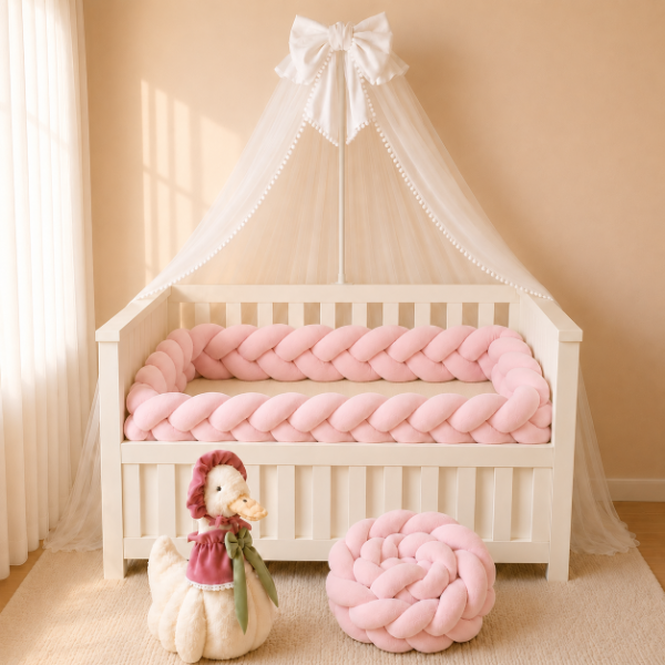 Producto - Chichonera Trenzada para Cuna y Cama 3 Cabos Plush (Rosa Bebe)
