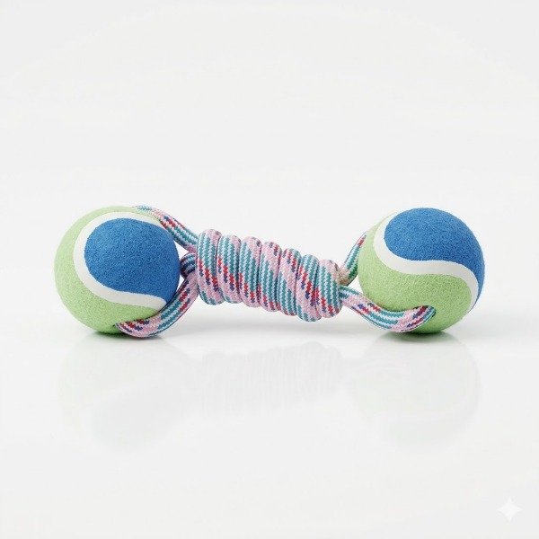 Producto - Mordillo Mancuerna de Soga Reforzada con Doble Pelota de Tenis para Perros