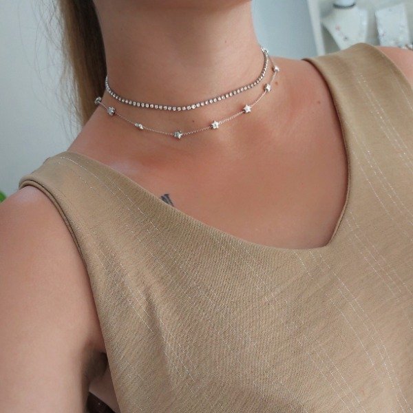 Producto - Choker plateado doble estrellas