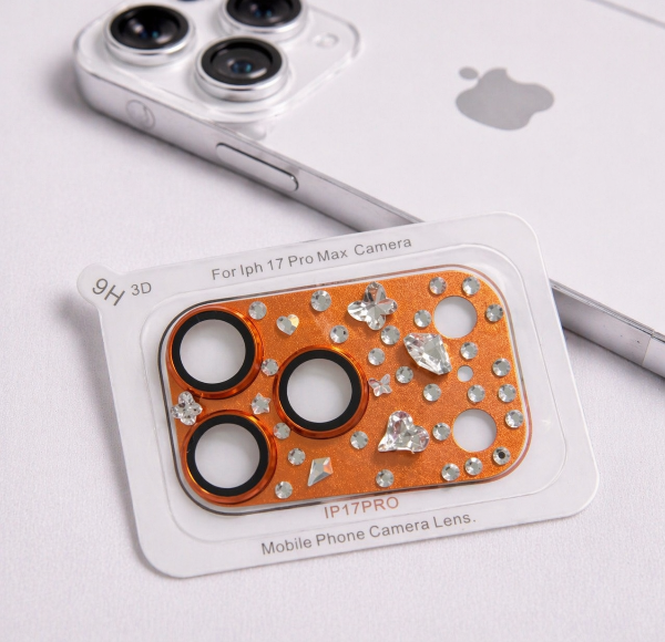 Producto - Protector de camara completo metalizado color naranja con strass