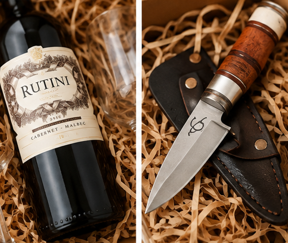 Producto - Caja de Regalo Rutini Cabernet Malbec + 2 Copas de Cristal + Cuchillo Artesanal - 6