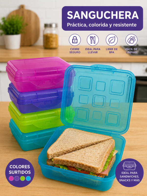 Producto - Sanguchera Plástica Cuadrada con Tapa Porta Sanguche Colores Surtidos