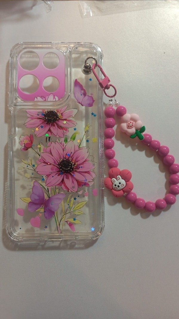 Producto - Funda Transparente Diseño Con Glitter y Cadena Flores para Moto G15