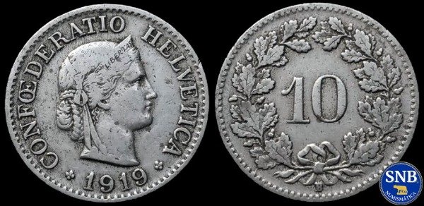 Producto - Confederación Suiza - 10 Rappen (1919) KM #27.b - Neutralidad Rígida (1914-1945)