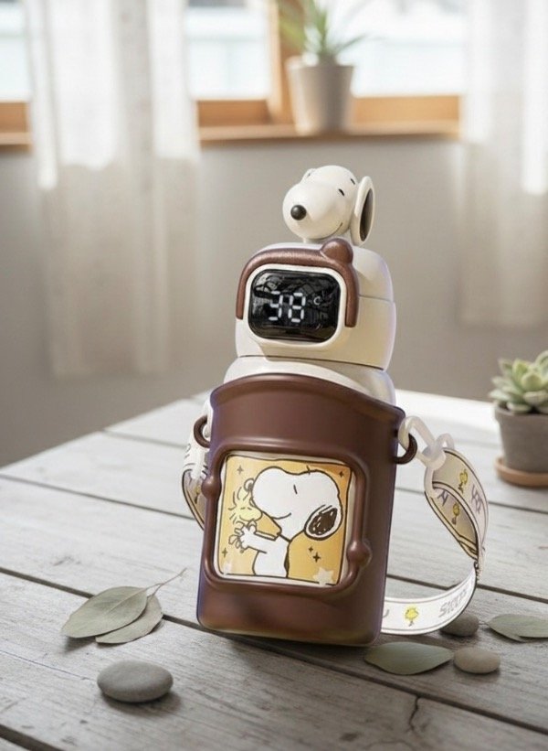 Producto - Botella térmica de acero Original Snoopy con funda, botón y termómetro digital