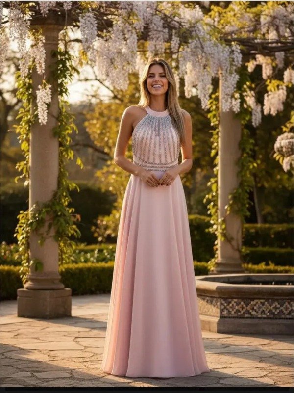 Vestido elegante con stras cuello halter falda amplia