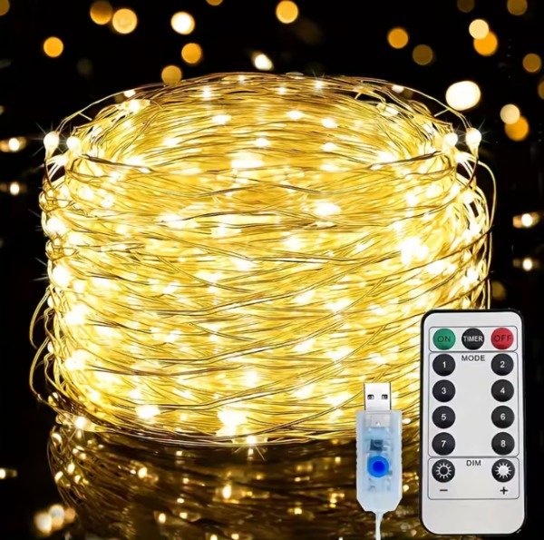 Producto - Guirnalda 100 Luces Alambre Luz Cálida 10mts Usb Con Contro - 0