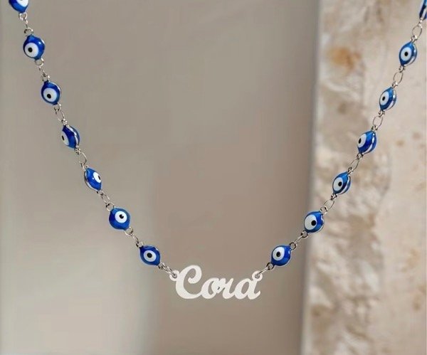 Producto - Collar nombre ojo turco plateado