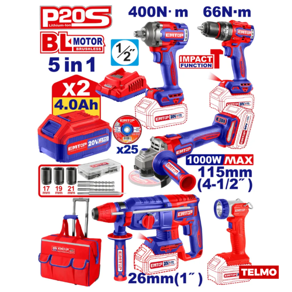 Producto - Combo 5 en 1 20v Brushless 5 Máquinas + Accesorios + Carro ECKL20594 - Emtop