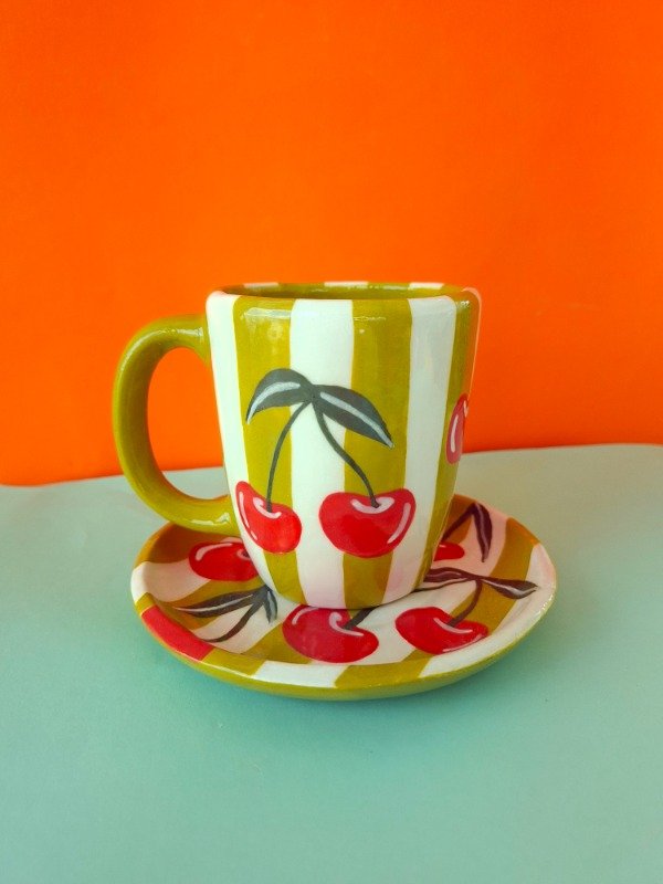Producto - Taza y plato - Cerezas y rayas verdes