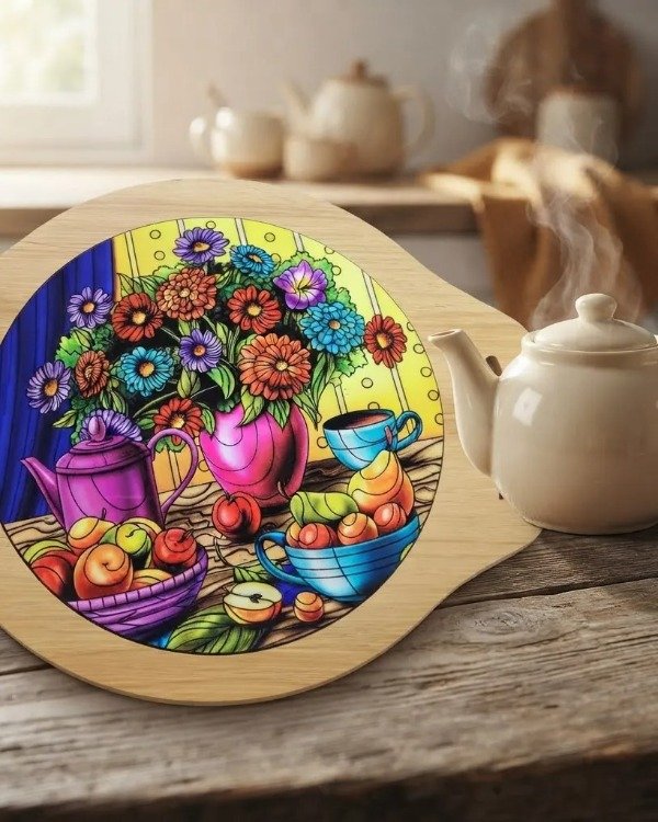 Producto - Posa Pava Fuente con asas Madera- Dibujo en PVC Redonda - 7