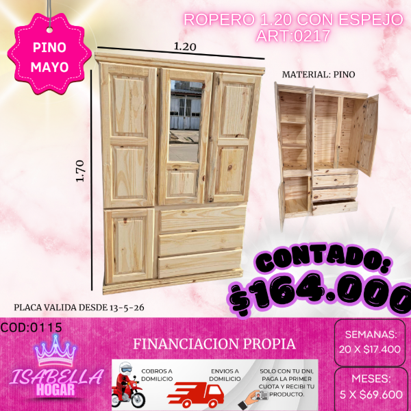 Producto - ROPERO DE PINO 1.20 CON ESPEJO COD:0105