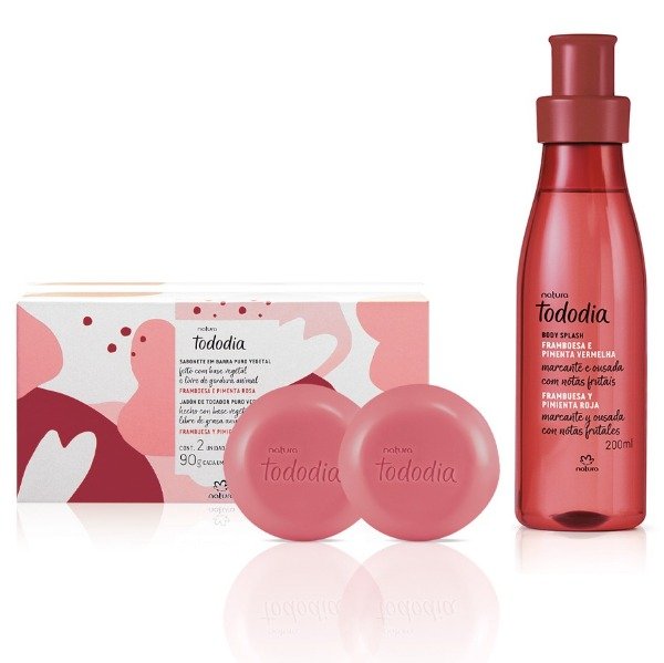 Producto - Frambuesa y Pimienta Roja: body splash + jabones (2 de 90g) + bolsa regalo