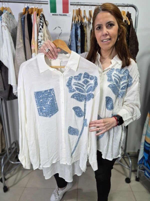 Producto - Camisa Moda Italiana Exclusiva Simil Jean y lentejuelas Rosa - XL-XXL - 6