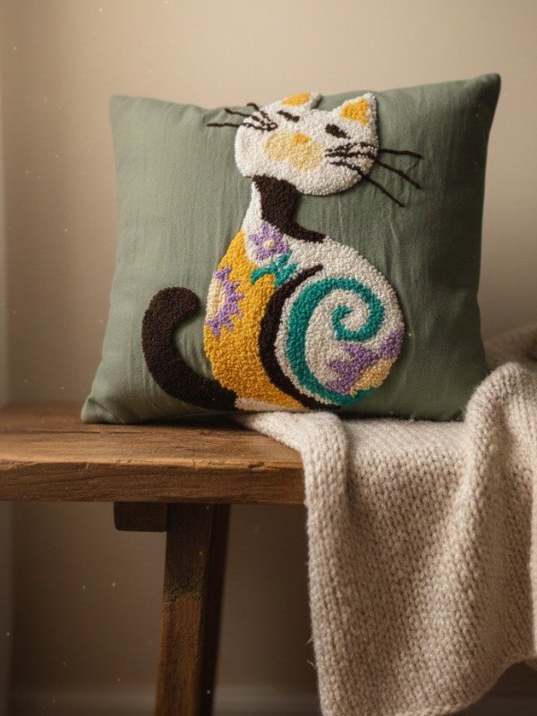 Producto - Almohadón Bordado en Relieve- Gatito floral