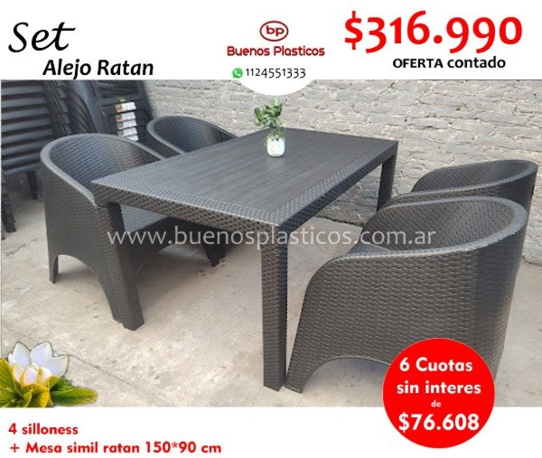 Producto - Set 4 Sillon Alejo Ratan + Mesa 1.50 x 90