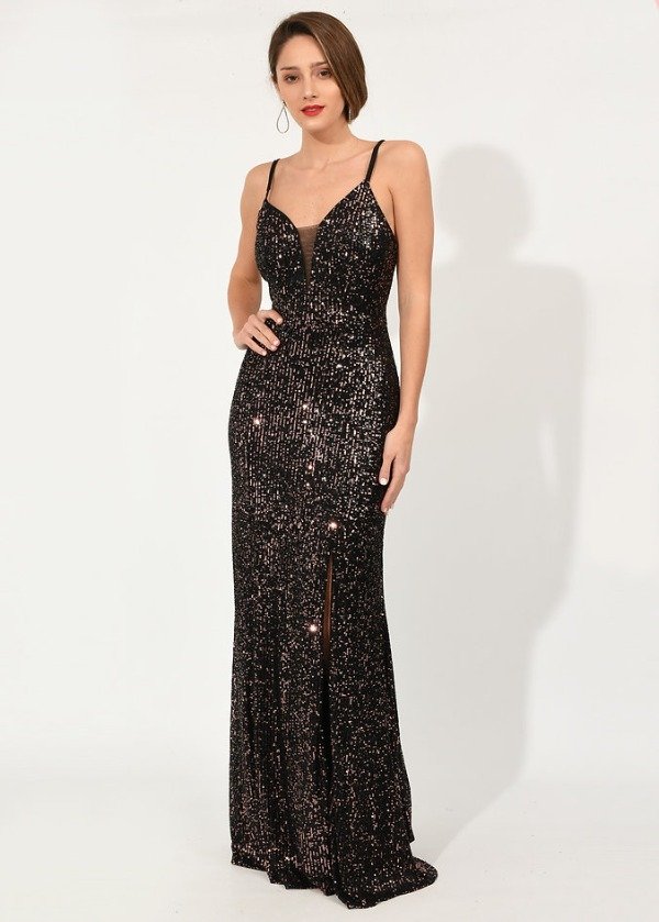 Producto - Vestido Largo Noche elegante sirena de lentejuelas plateado