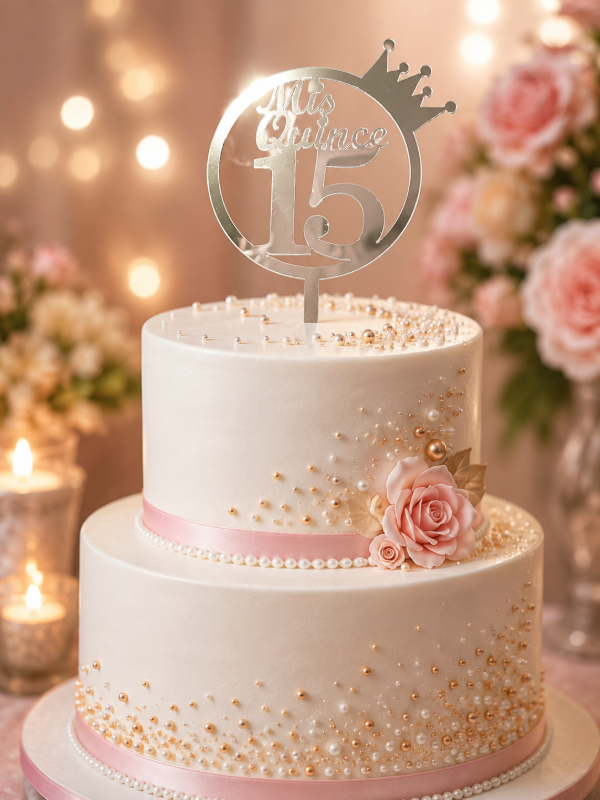 Producto - Topper plateado mis 15 con corona