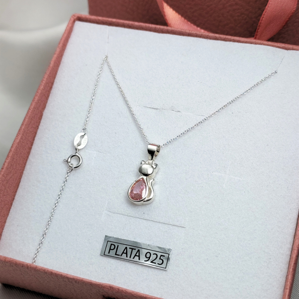 Producto - Dije Gatito Plata 925 con Piedra Rosa - 3