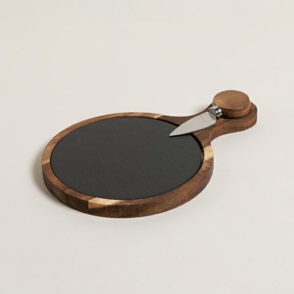 Producto - Tabla redonda de acacia y laja con cuchillo para queso Ardesia 25x17 cm