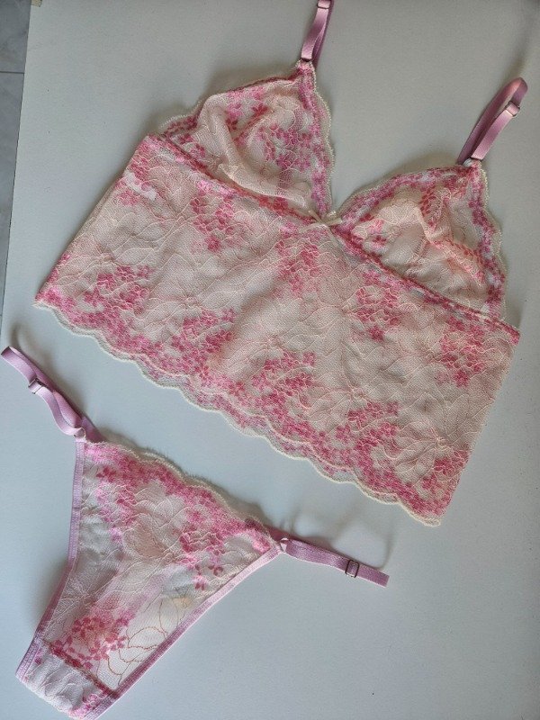 Producto - CONJUNTO TIPO TOP DE ENCAJE (EX005) ROSA Y BEIGE