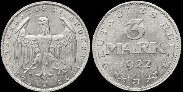 Producto - Alemania - República de Weimar - 3 Marcos (1922 J) KM #29 [AU]