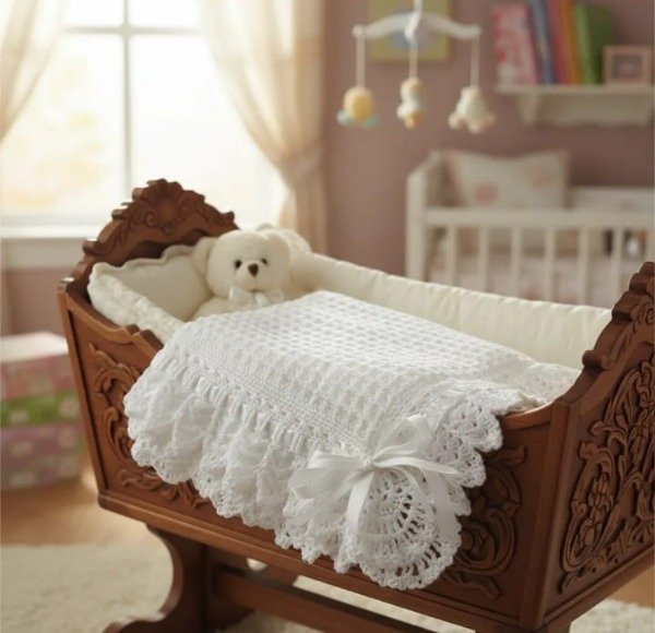 Producto - Mantilla waffle blanca tejida cashmilon hipoalergénico