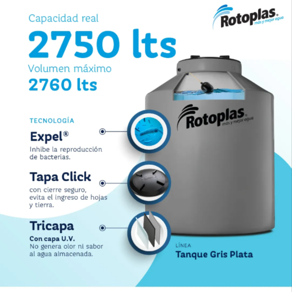 Producto - Tanque de agua Rotoplas 2750L Gris Tricapa vertical polietileno de 180 x 150 cm