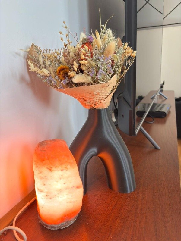 Producto - Combo florero semi bonut 3d + ramo de flores secas+ lámpara del sal piedra