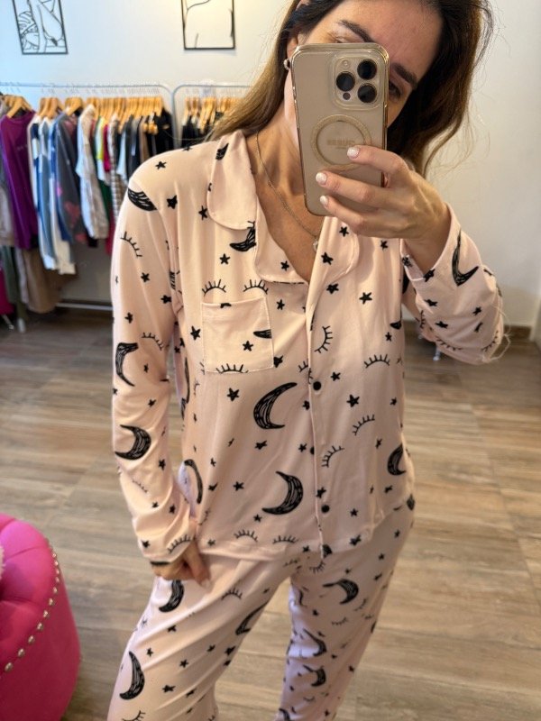 Producto - Pijama Camisero Lunitas rosa y negro