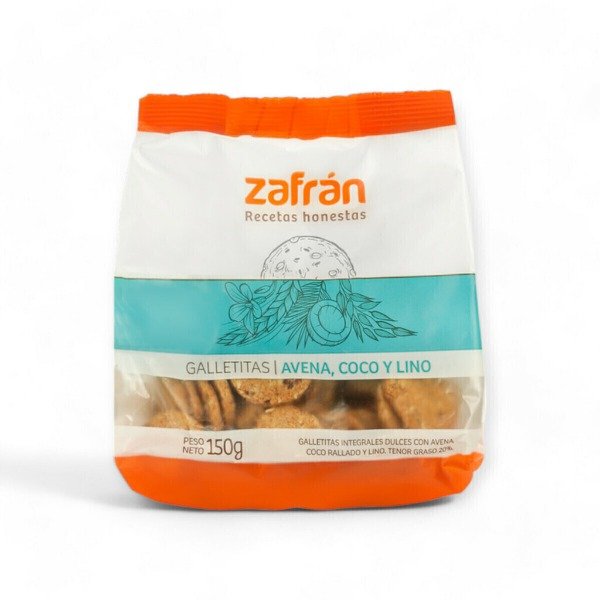 Producto - Galletitas Zafran, avena, coco y lino. Veganas, integrales y con azucar mascabo