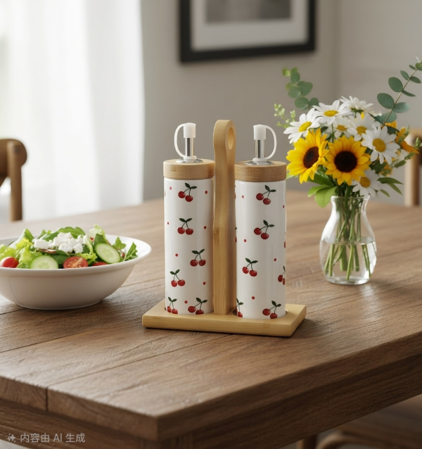 Producto - Set Aceite +Vinagre Cerámica Cereza con Soporte Madera