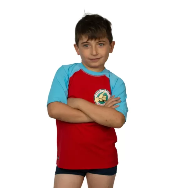 Producto - REMERA CON PROTECCION UV NIÑO - ROJA CON CELESTE - ORIGAMI