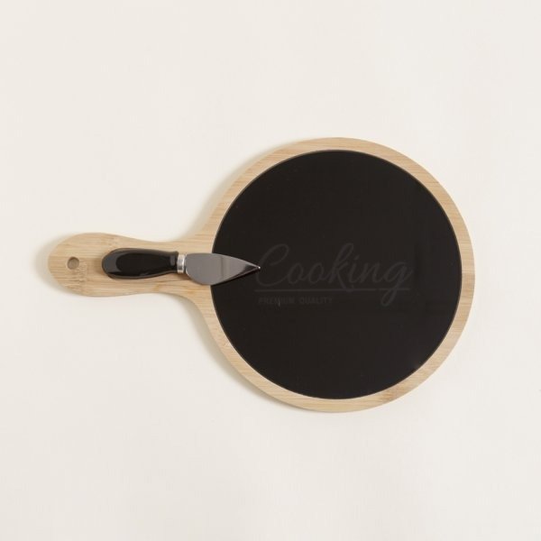 Producto - TABLA DE QUESOS BAMBÚ Y VIDRIO NEGRO  CON CUCHILLO 34X22CM