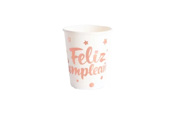Producto - Vaso metalizado impreso FELIZ CUMPLE x10un color blanco letra rosa gold